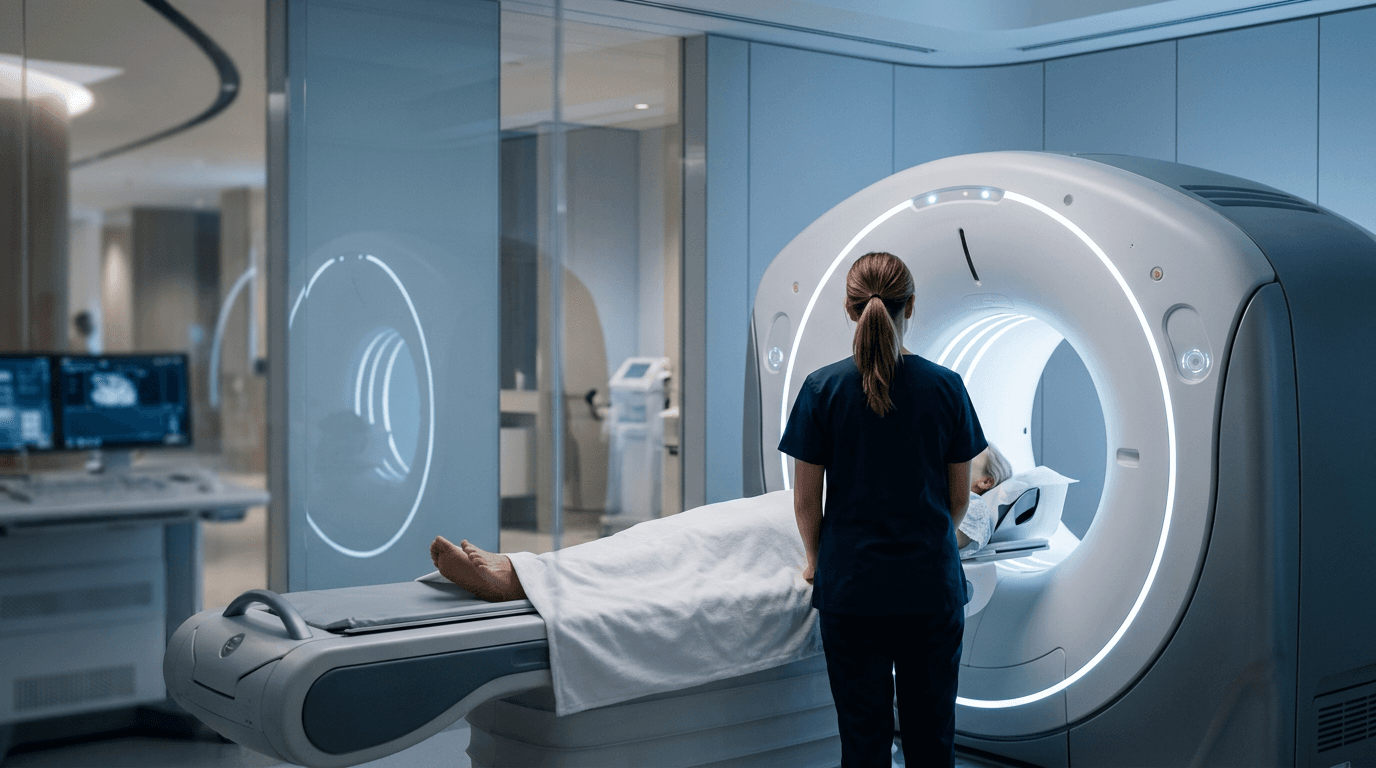 Patient receiving a CT scan in a modern Advanced Body Scan suite
